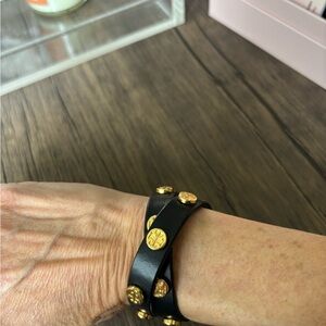 Tory Burch double wrap logo stud bracelet. Black leather. Brand new. Never worn